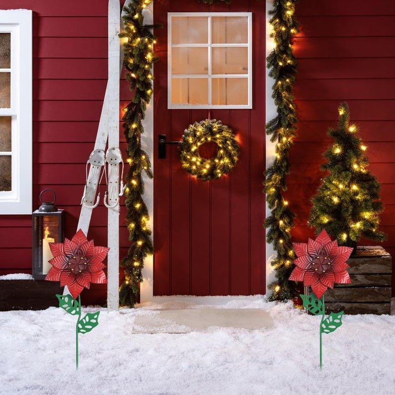 YEAHOME Outdoor Christmas Decorations, Set of 2 Poinsettia Flower Decorative Garden Stakes for Christmas Decor, Metal Red Flowers Xmas Decorations for Outside Garden Yard Lawn Porch - Image 2